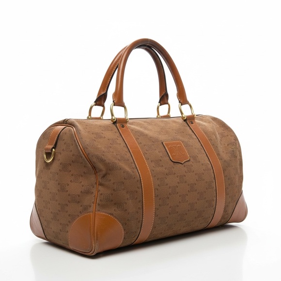 Celine Handbags - Vintage Celine Macadam Suede Boston Bag Brown Monogram Leather Trim Top Handle